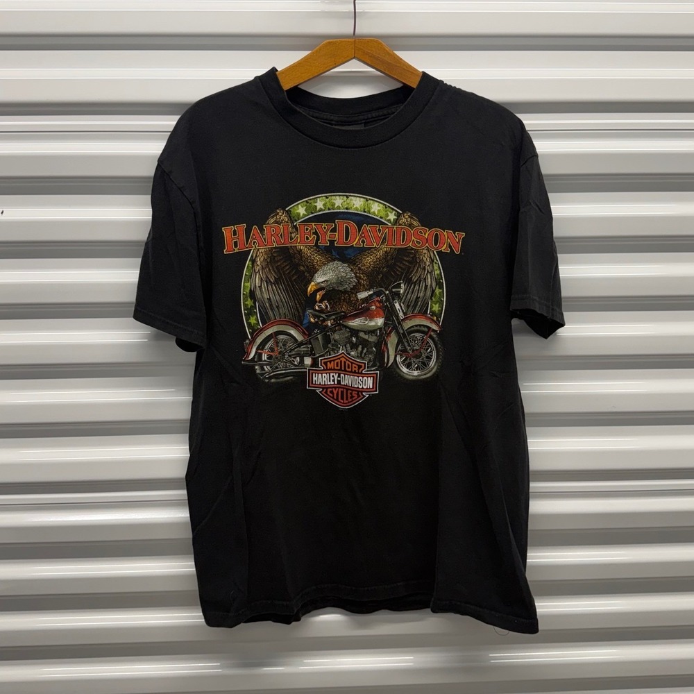 Vintage Harley Davidson Biker Eagle American Flag Black Mens Large Shirt